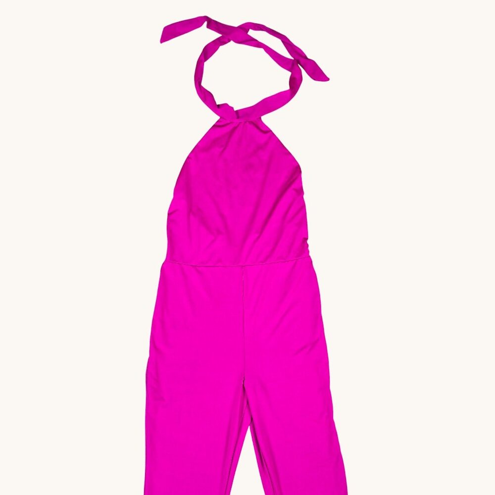 Fashion Nova Pink Halter Jumpsuit Flared Leg Medium - Picture 4 of 9